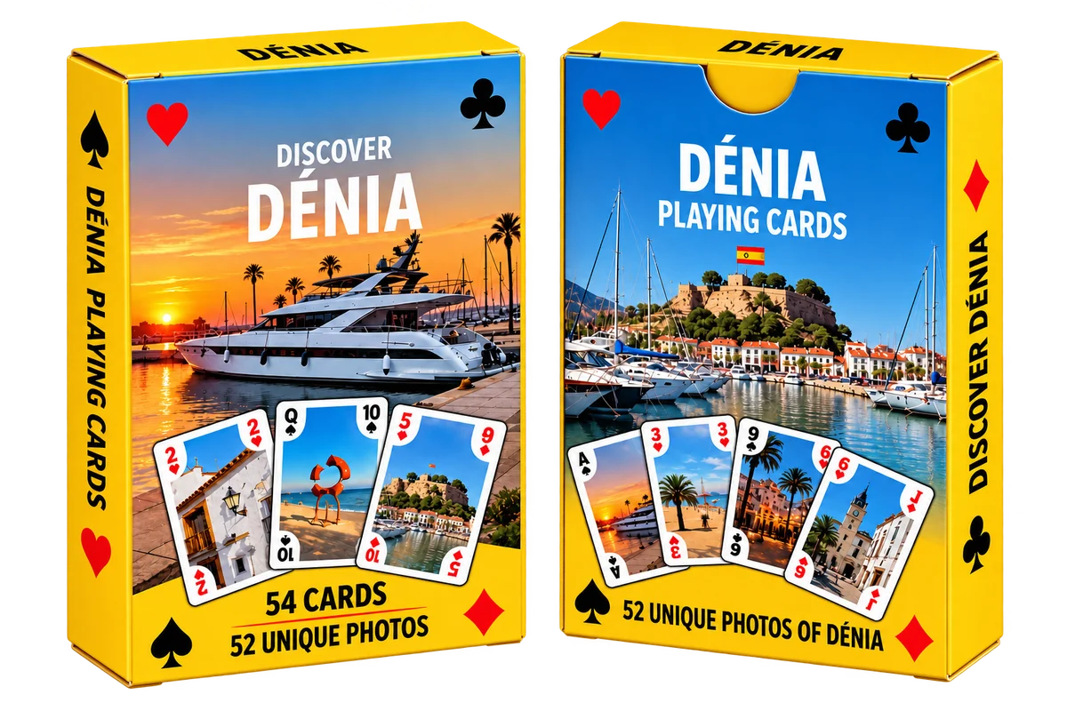 Dos cajas de la baraja de Dénia, con fotos del puerto y del castillo